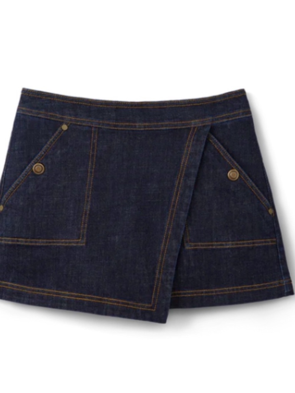 CAbi Dark Indigo Denim Skirt with Gold Topstitching